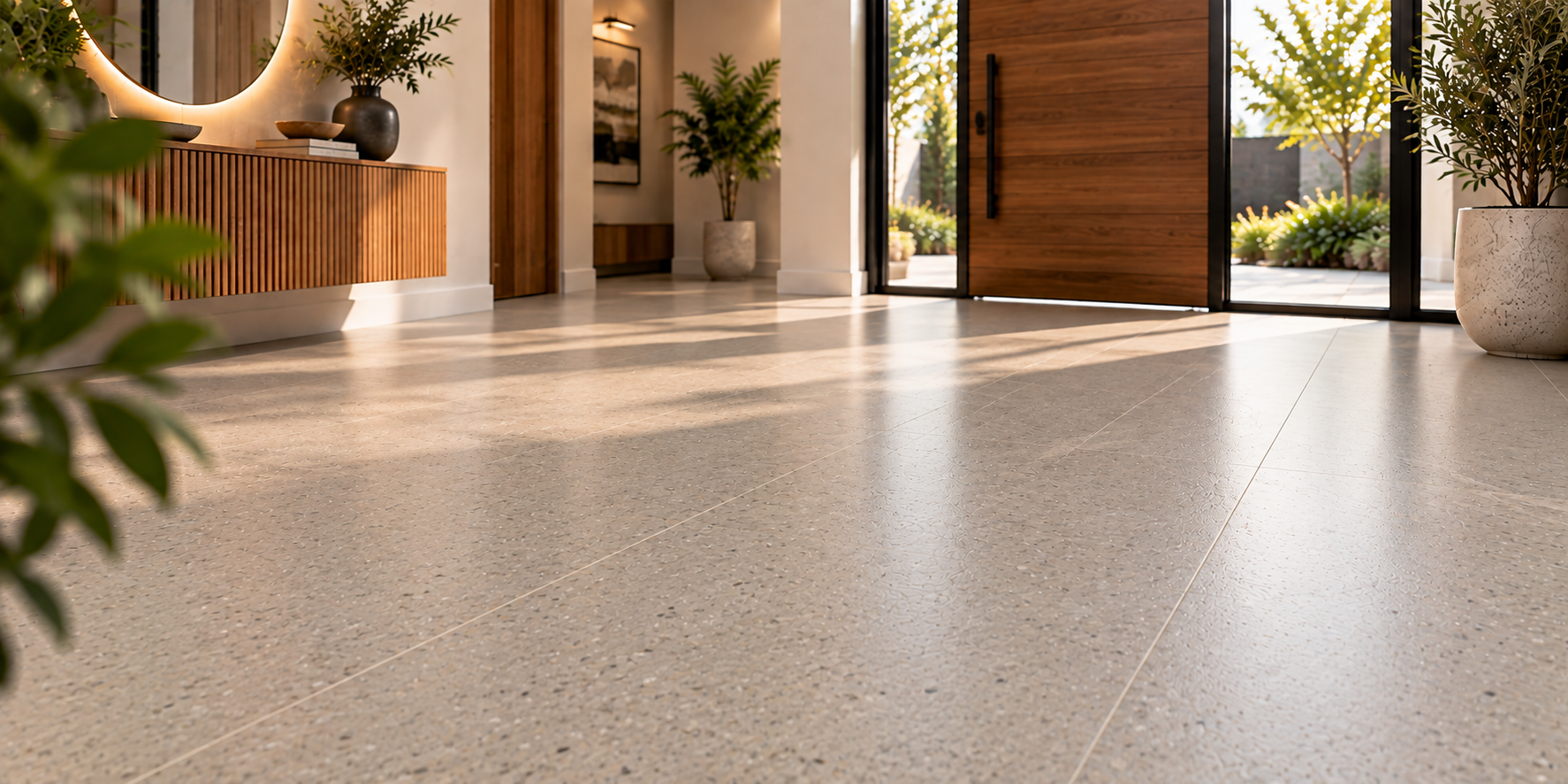 Sunlit Modern Entryway with Speckled Vinyl Flooring