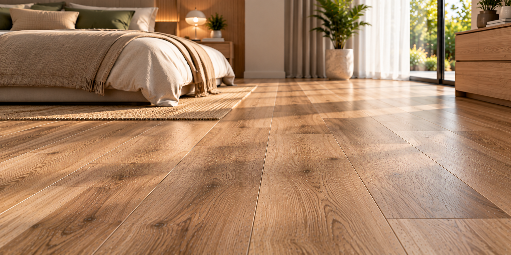 Warm Minimalist Bedroom with Oak Flooring
